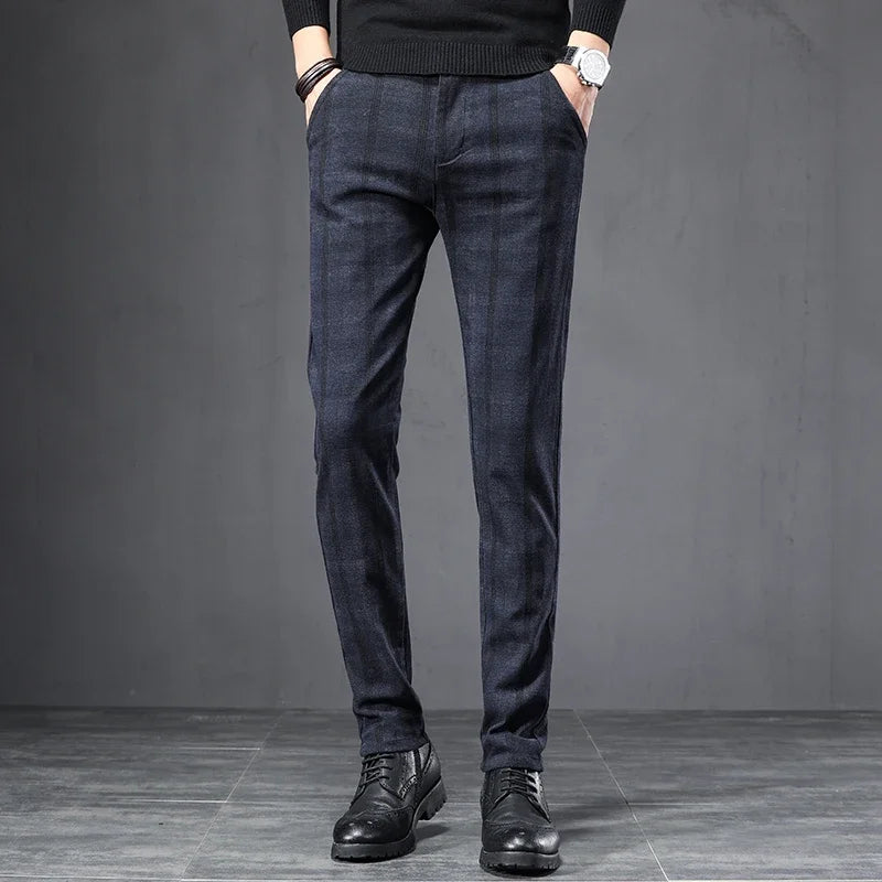 Calça Masculina em Tecido Macio - Estilo Coreano Casual para Outono e Primavera - Slim Fit Reto com Elastano