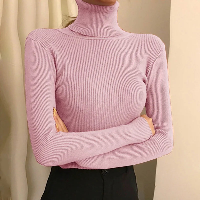 Suéter Élisee™ - Gola Alta Feminino Slim com Tricô Fino e Estilo Coreano Minimalista