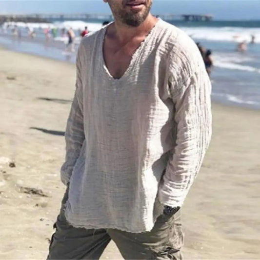 Camisa Masculina V-Raw Linen – Manga Longa com Bordas Irregulares