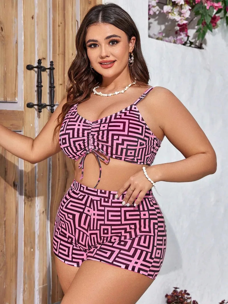 Biquíni Plus Size Yahmandy™ - 3 Peças com Capa de Chiffon e Manga Longa
