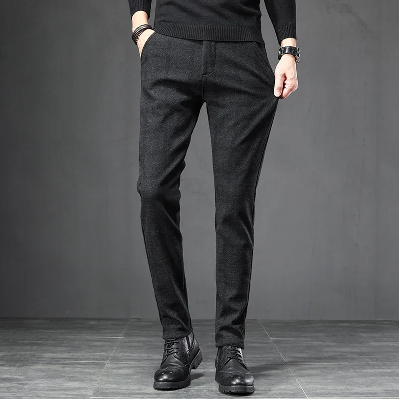 Calça Masculina em Tecido Macio - Estilo Coreano Casual para Outono e Primavera - Slim Fit Reto com Elastano