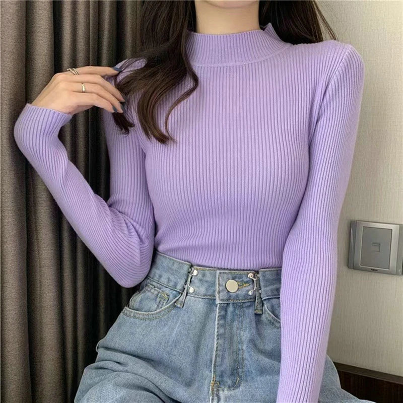 Suéter Élisee™ - Gola Alta Feminino Slim com Tricô Fino e Estilo Coreano Minimalista