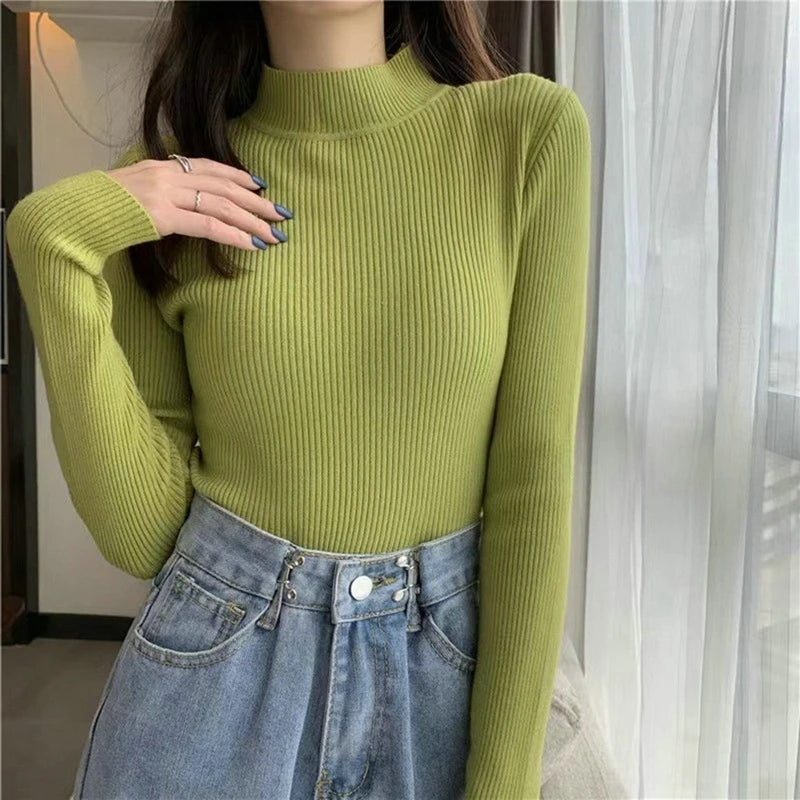 Suéter Élisee™ - Gola Alta Feminino Slim com Tricô Fino e Estilo Coreano Minimalista