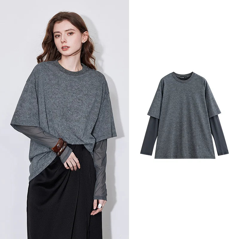 Camiseta Minimalista Feminina - Estilo Falso Duplo com Gola Redonda | Primavera/Verão 2025