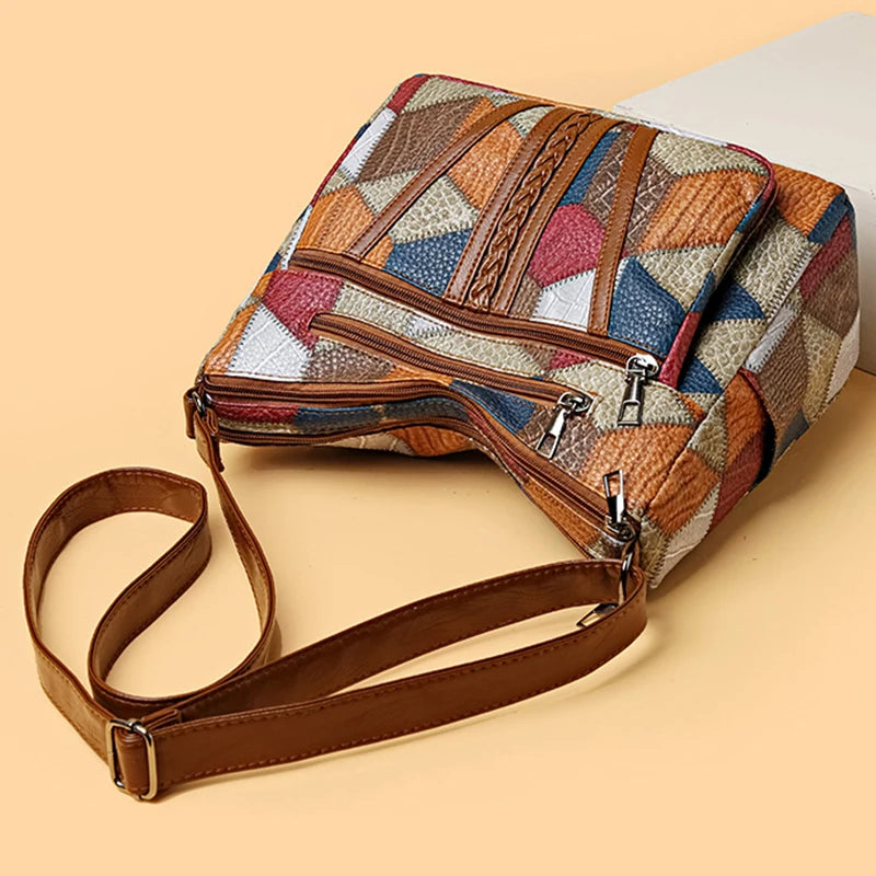 Vintage Éclat – Bolsa Crossbody Retrô com Patchwork em PU