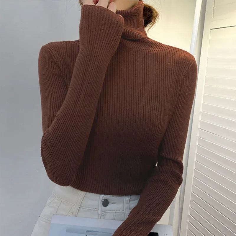 Suéter Élisee™ - Gola Alta Feminino Slim com Tricô Fino e Estilo Coreano Minimalista