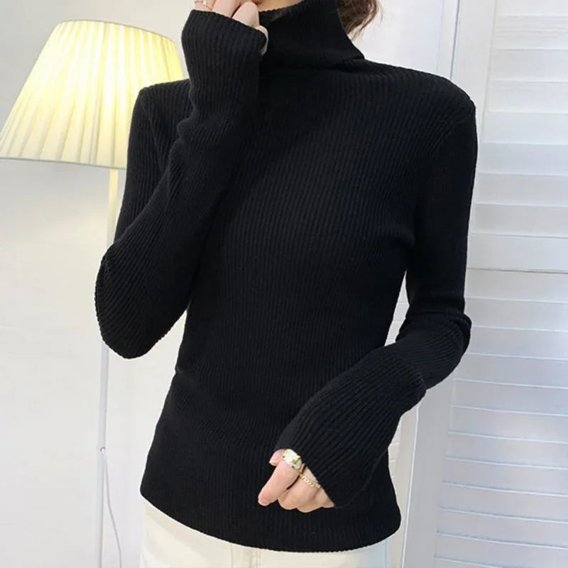 Suéter Élisee™ - Gola Alta Feminino Slim com Tricô Fino e Estilo Coreano Minimalista