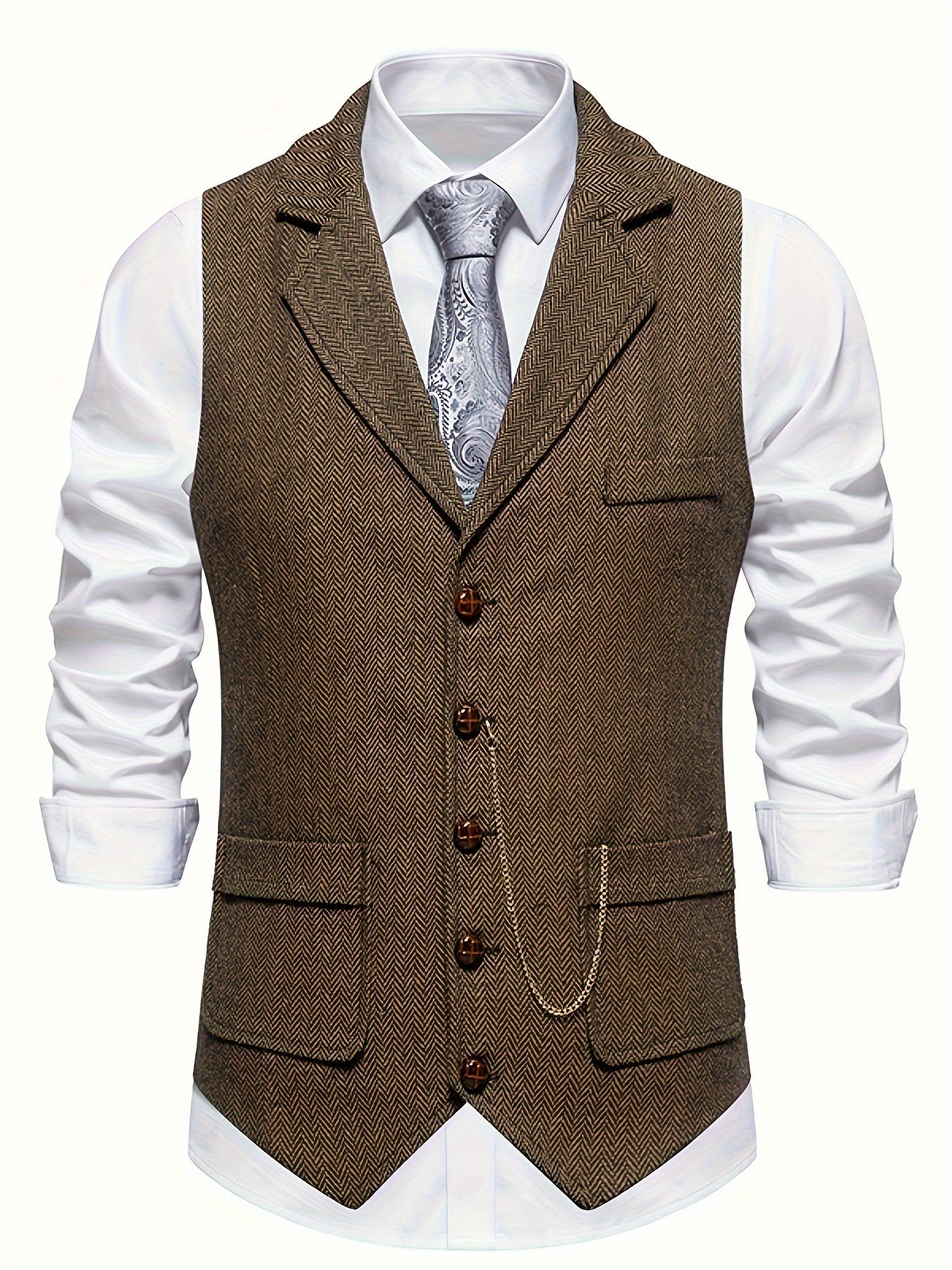 Colete Masculino em Tweed Herringbone - Lapela com Detalhe em Corrente para Estilo Sofisticado
