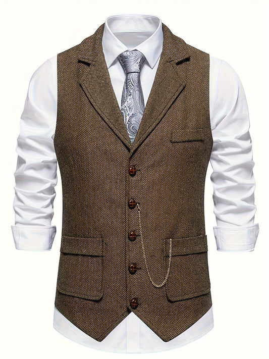 Colete Masculino em Tweed Herringbone - Lapela com Detalhe em Corrente para Estilo Sofisticado
