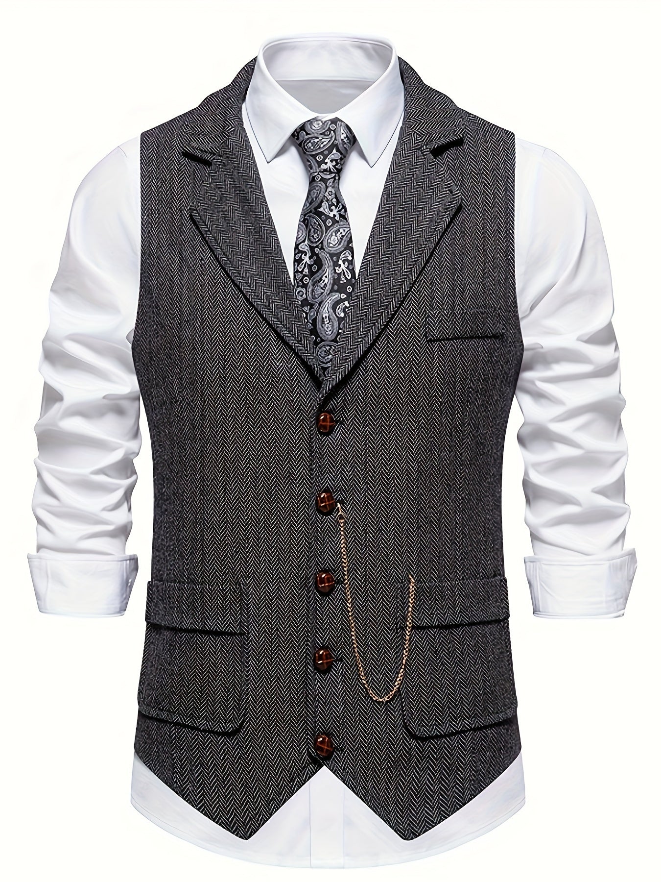 Colete Masculino em Tweed Herringbone - Lapela com Detalhe em Corrente para Estilo Sofisticado