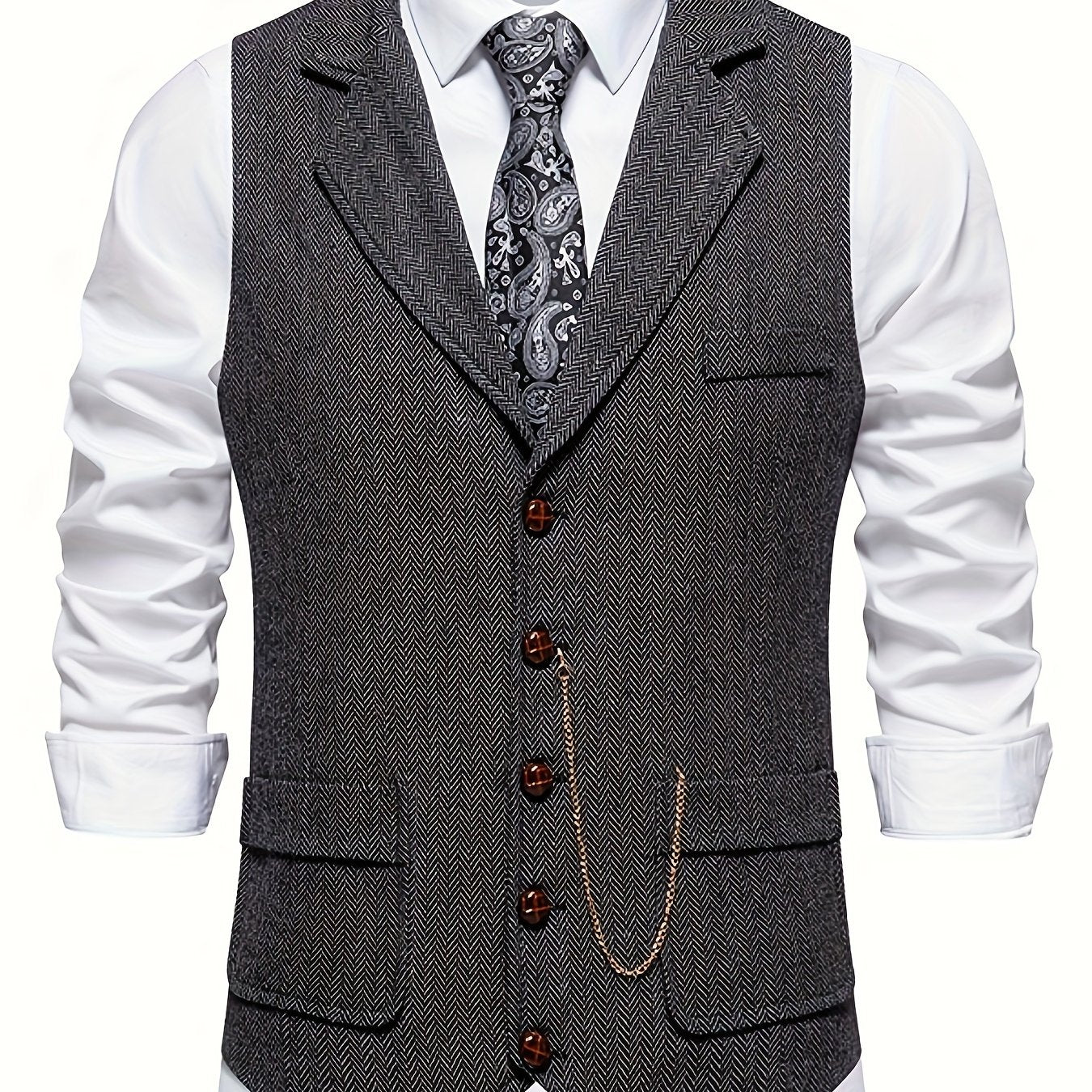 Colete Masculino em Tweed Herringbone - Lapela com Detalhe em Corrente para Estilo Sofisticado