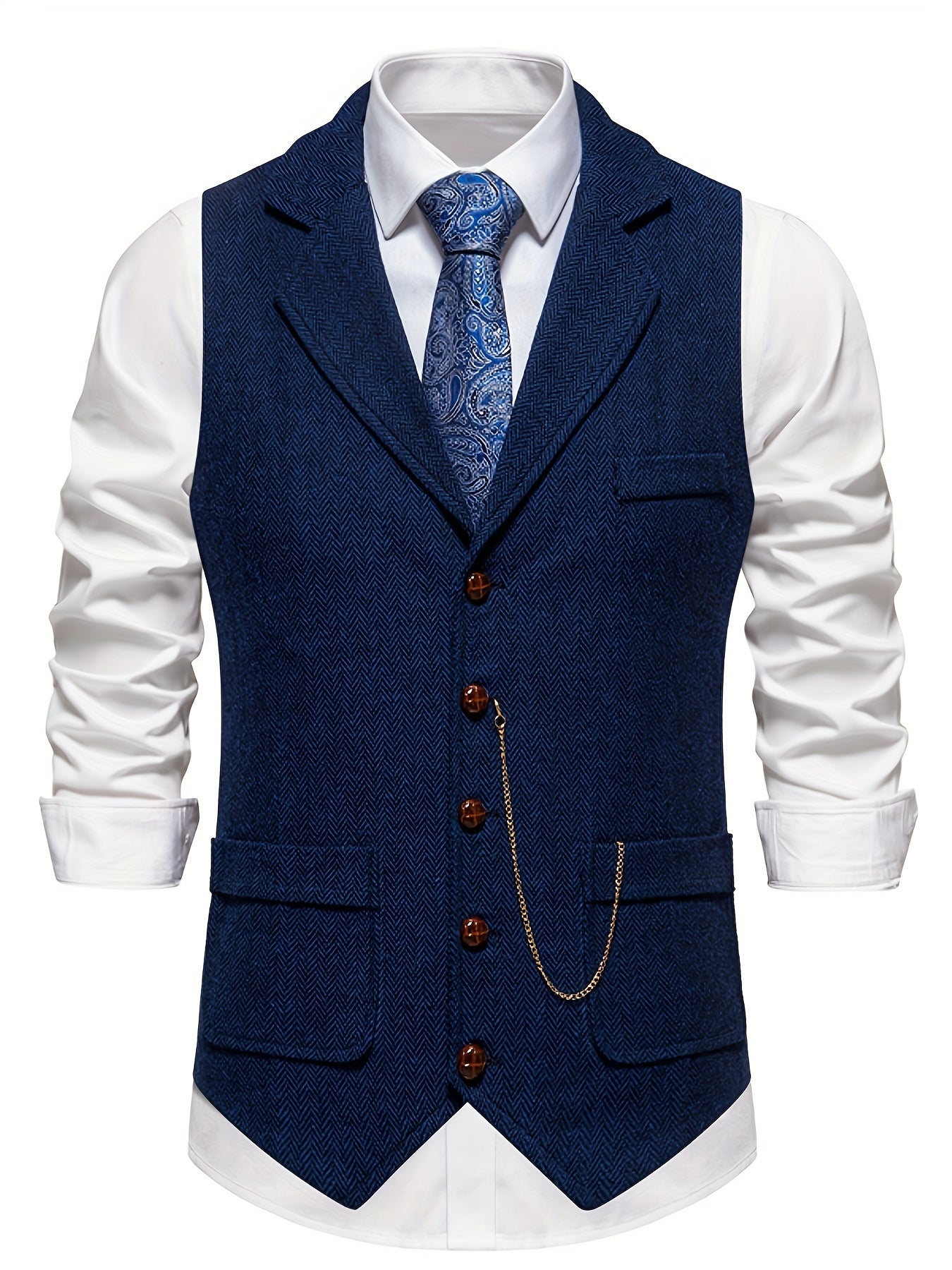 Colete Masculino em Tweed Herringbone - Lapela com Detalhe em Corrente para Estilo Sofisticado