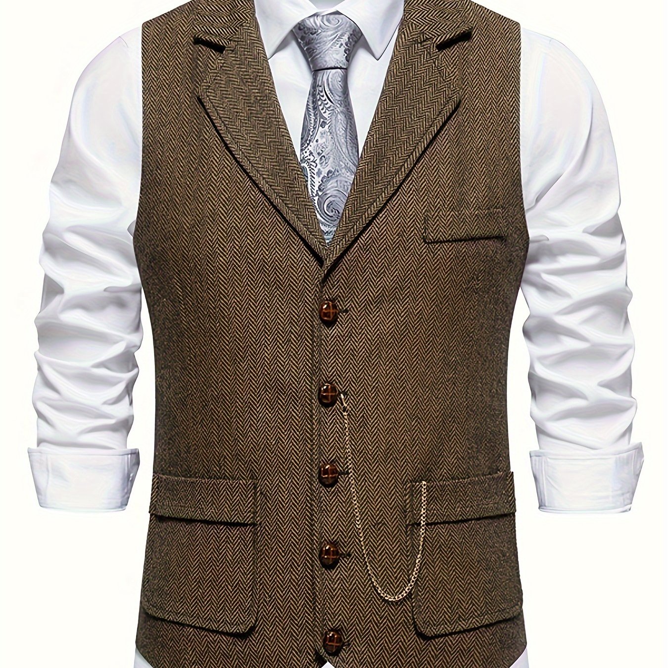 Colete Masculino em Tweed Herringbone - Lapela com Detalhe em Corrente para Estilo Sofisticado