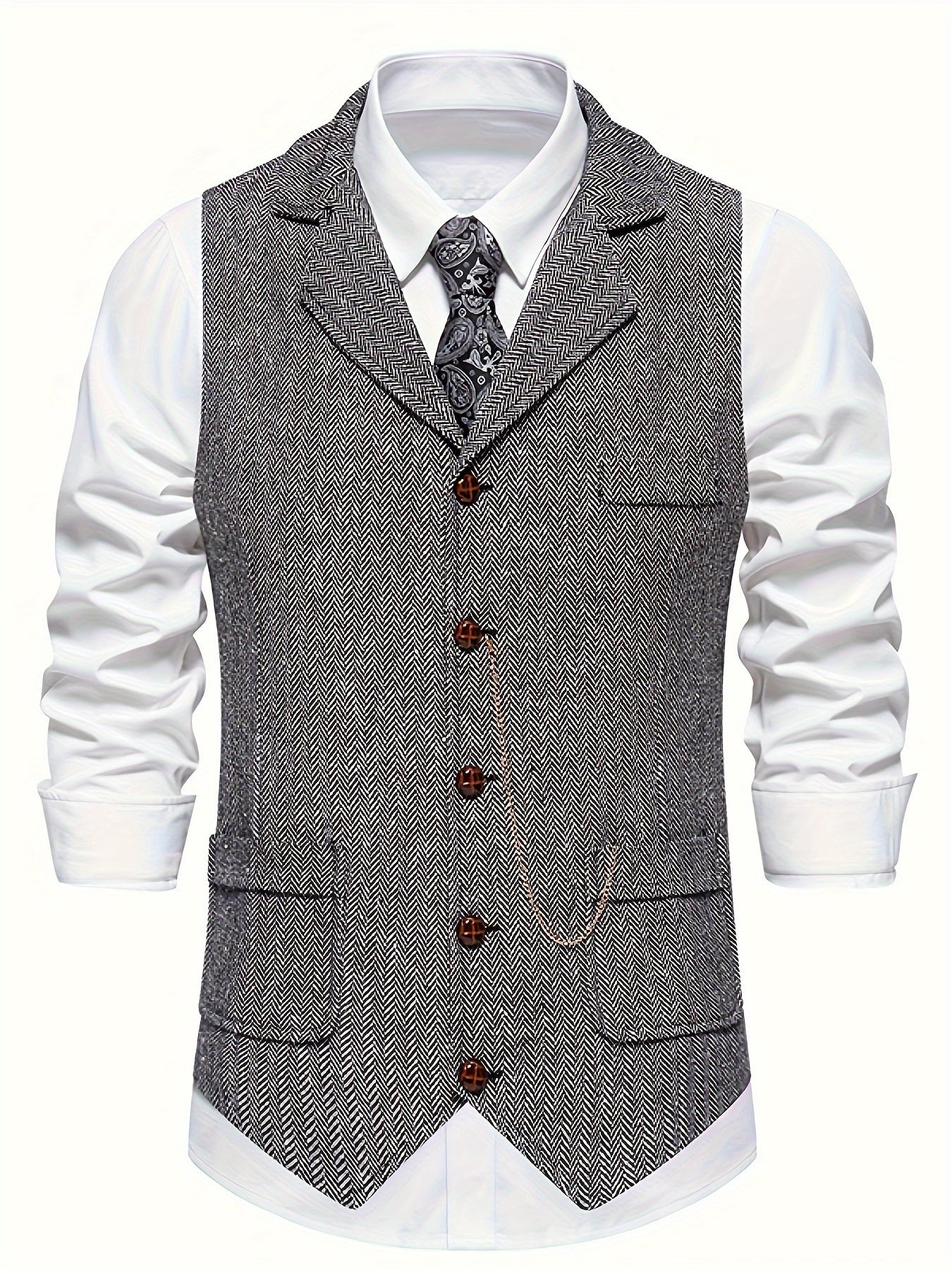 Colete Masculino em Tweed Herringbone - Lapela com Detalhe em Corrente para Estilo Sofisticado