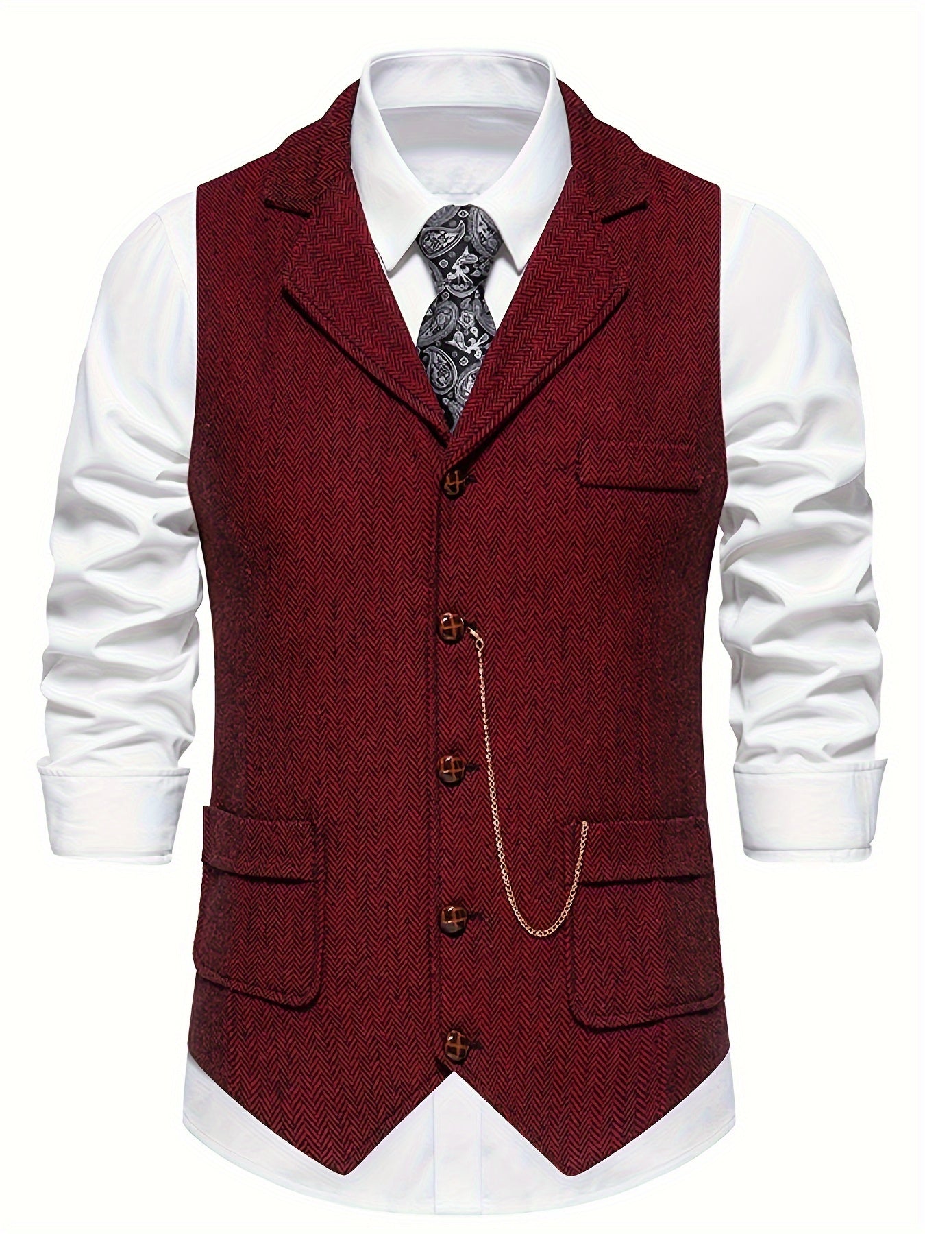 Colete Masculino em Tweed Herringbone - Lapela com Detalhe em Corrente para Estilo Sofisticado