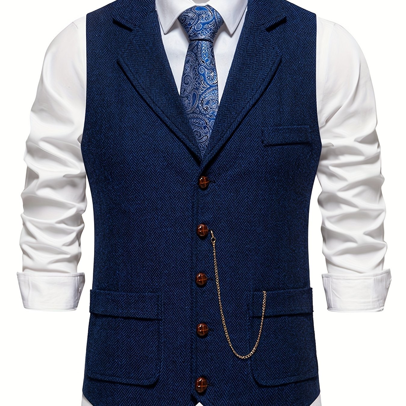 Colete Masculino em Tweed Herringbone - Lapela com Detalhe em Corrente para Estilo Sofisticado