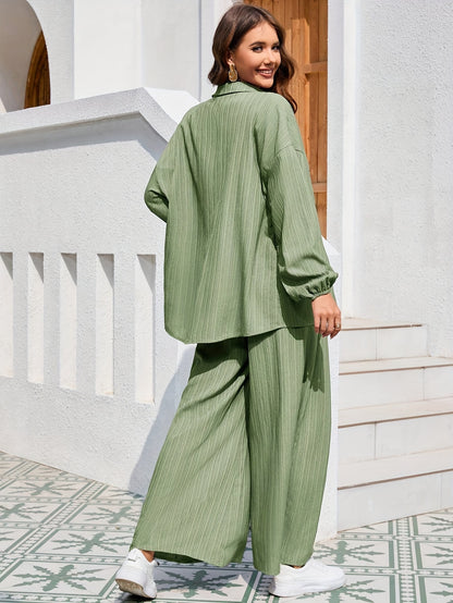 Conjunto Elegante  – Camisa de Manga Lanterna e Calça Wide-Leg