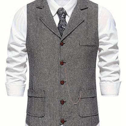 Colete Masculino em Tweed Herringbone - Lapela com Detalhe em Corrente para Estilo Sofisticado