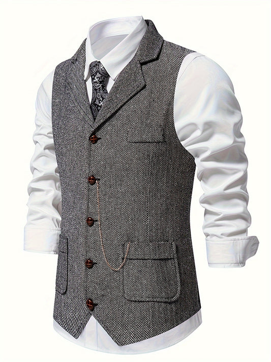 Colete Masculino em Tweed Herringbone - Lapela com Detalhe em Corrente para Estilo Sofisticado