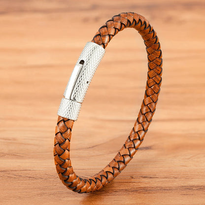 "Pulseira Masculina em Couro e Aço Inoxidável – Estilo Industrial Minimalista"