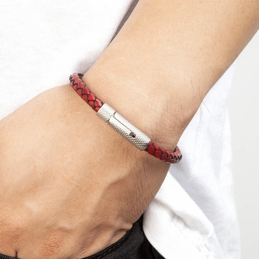 "Pulseira Masculina em Couro e Aço Inoxidável – Estilo Industrial Minimalista"