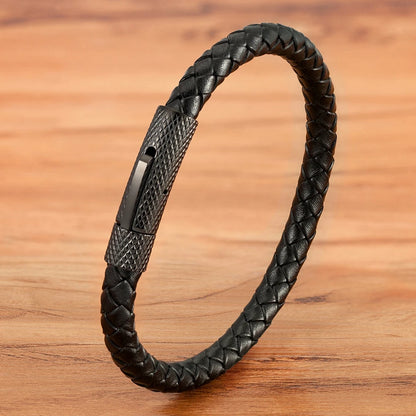 "Pulseira Masculina em Couro e Aço Inoxidável – Estilo Industrial Minimalista"