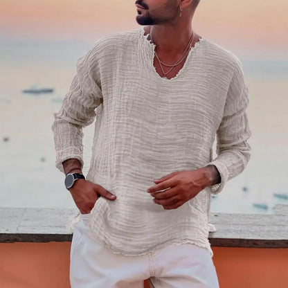 Camisa Masculina V-Raw Linen – Manga Longa com Bordas Irregulares