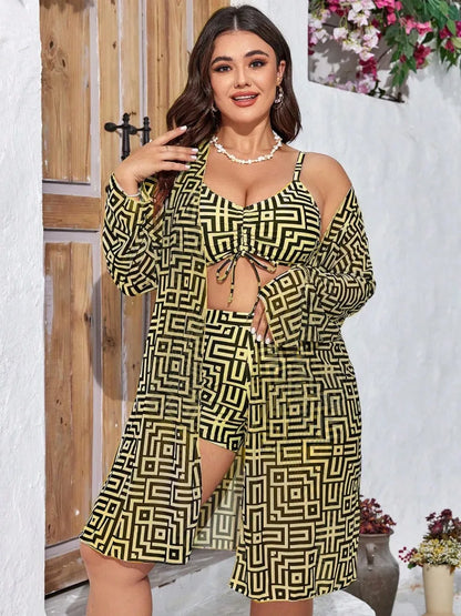 Biquíni Plus Size Yahmandy™ - 3 Peças com Capa de Chiffon e Manga Longa