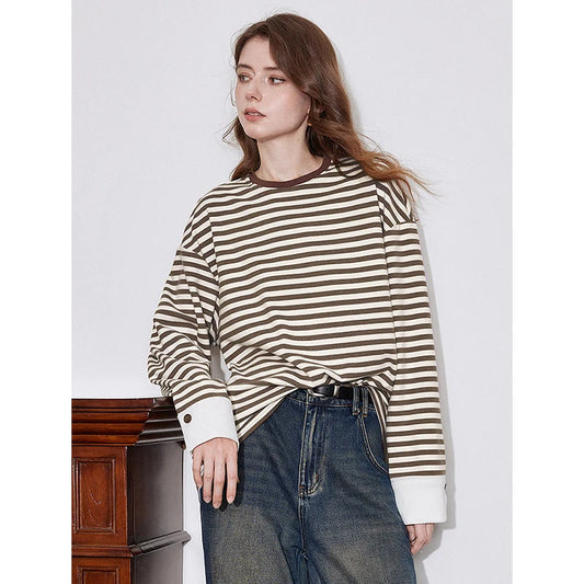 Blusa de Manga Longa Listrada - Estilo Americano Casual para Outono/Inverno