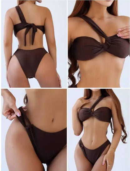 Elysian Noir – Conjunto de Biquíni Três Peças com Alça Assimétrica e Design Contemporâneo