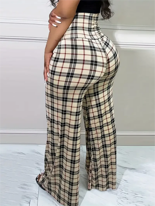 Calça Feminina Wide Leg™ - Xadrez Elegante, Cintura Alta, Modelagem Solta e Confortável