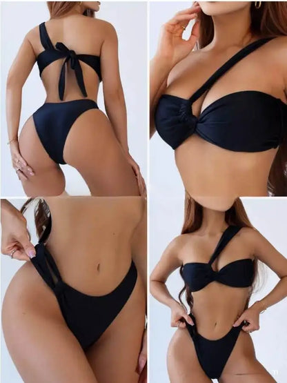 Elysian Noir – Conjunto de Biquíni Três Peças com Alça Assimétrica e Design Contemporâneo