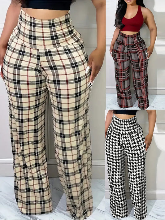 Calça Feminina Wide Leg™ - Xadrez Elegante, Cintura Alta, Modelagem Solta e Confortável