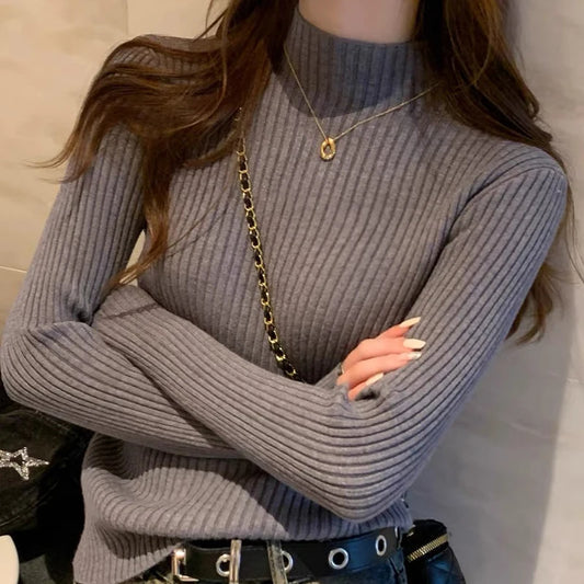Suéter Élisee™ - Gola Alta Feminino Slim com Tricô Fino e Estilo Coreano Minimalista