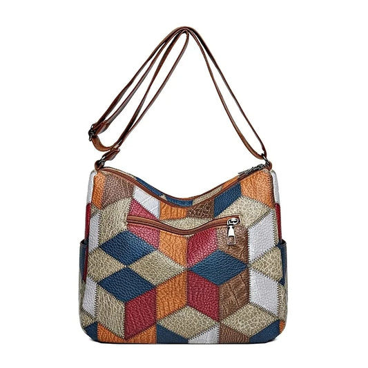 Vintage Éclat – Bolsa Crossbody Retrô com Patchwork em PU