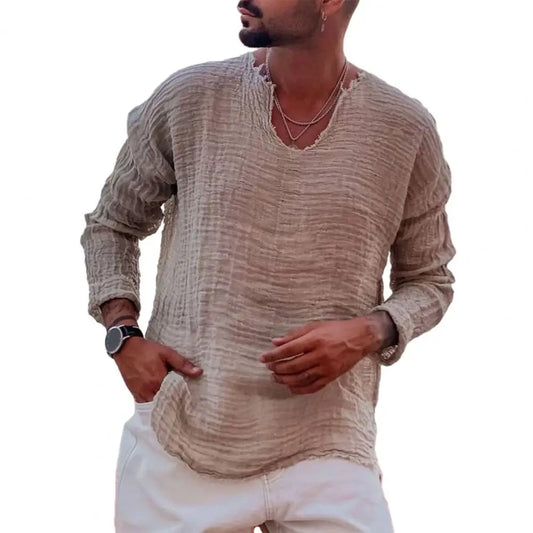 Camisa Masculina V-Raw Linen – Manga Longa com Bordas Irregulares