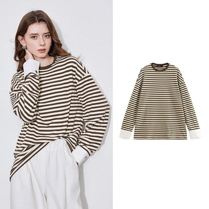 Blusa de Manga Longa Listrada - Estilo Americano Casual para Outono/Inverno