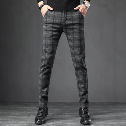 Calça Masculina em Tecido Macio - Estilo Coreano Casual para Outono e Primavera - Slim Fit Reto com Elastano