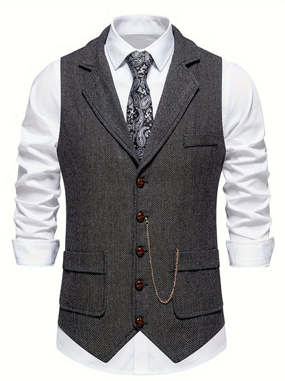 Colete Masculino em Tweed Herringbone - Lapela com Detalhe em Corrente para Estilo Sofisticado