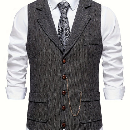 Colete Masculino em Tweed Herringbone - Lapela com Detalhe em Corrente para Estilo Sofisticado