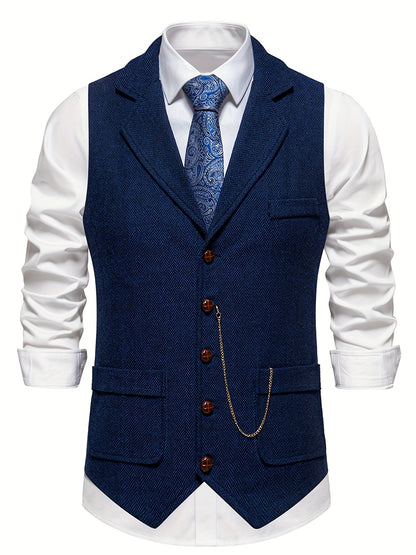 Colete Masculino em Tweed Herringbone - Lapela com Detalhe em Corrente para Estilo Sofisticado