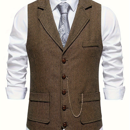 Colete Masculino em Tweed Herringbone - Lapela com Detalhe em Corrente para Estilo Sofisticado
