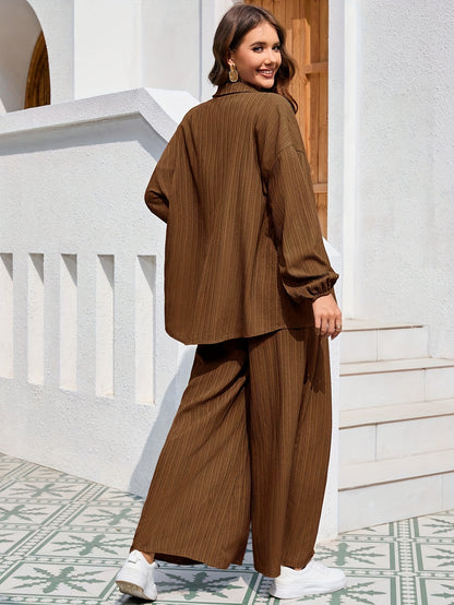 Conjunto Elegante  – Camisa de Manga Lanterna e Calça Wide-Leg