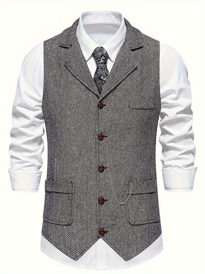 Colete Masculino em Tweed Herringbone - Lapela com Detalhe em Corrente para Estilo Sofisticado