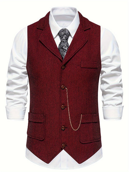 Colete Masculino em Tweed Herringbone - Lapela com Detalhe em Corrente para Estilo Sofisticado