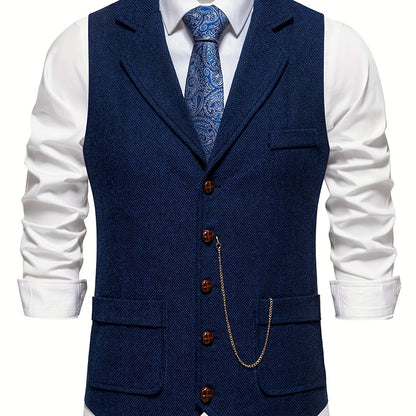 Colete Masculino em Tweed Herringbone - Lapela com Detalhe em Corrente para Estilo Sofisticado
